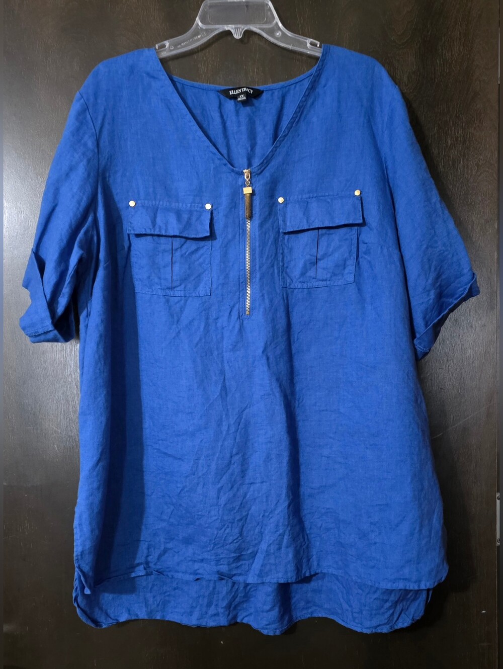 Ellen Tracy Cobalt Blue Linen Top Gold Zip 3/4 Sleeves Size 1X